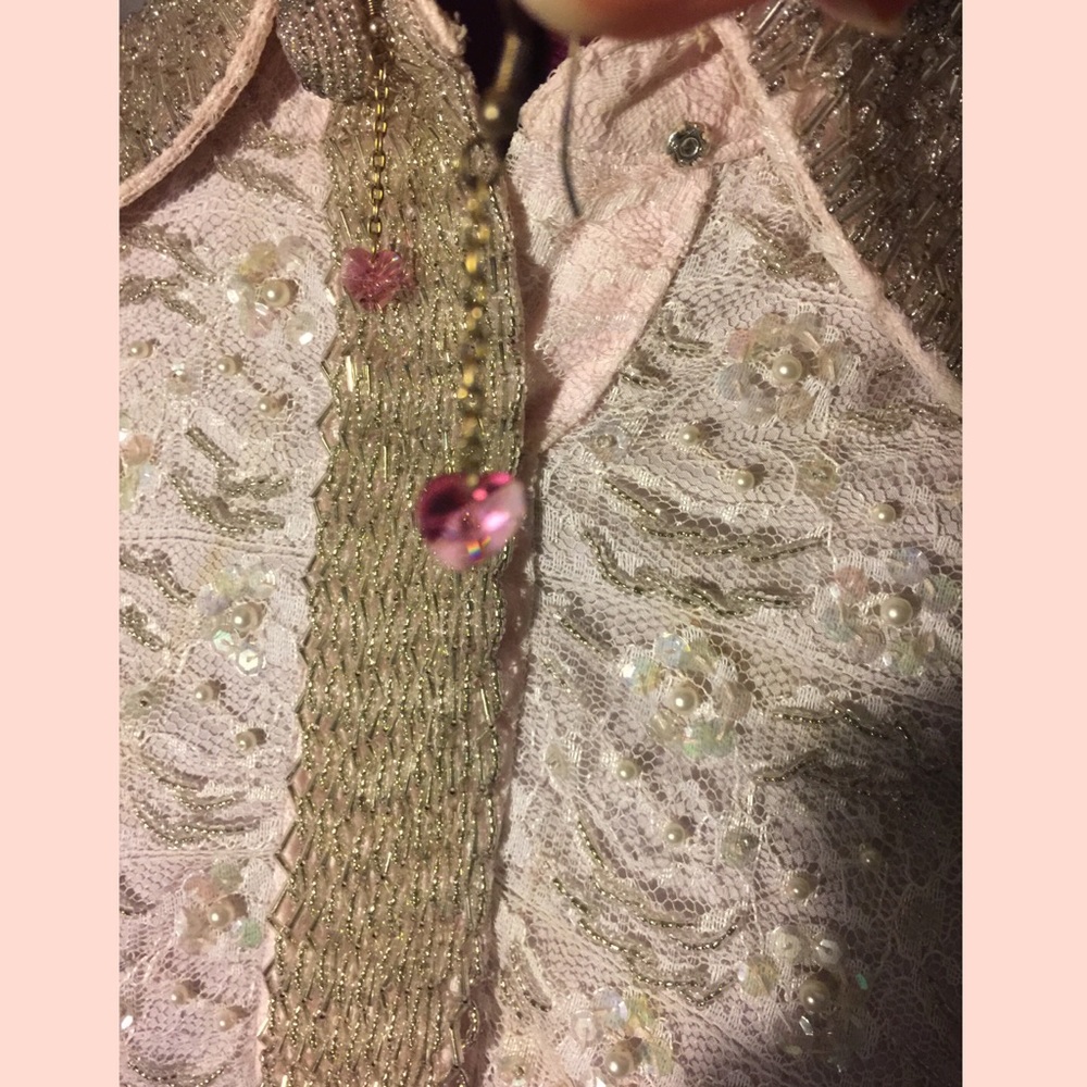 Vintage pink glass heart earrings on gold chains